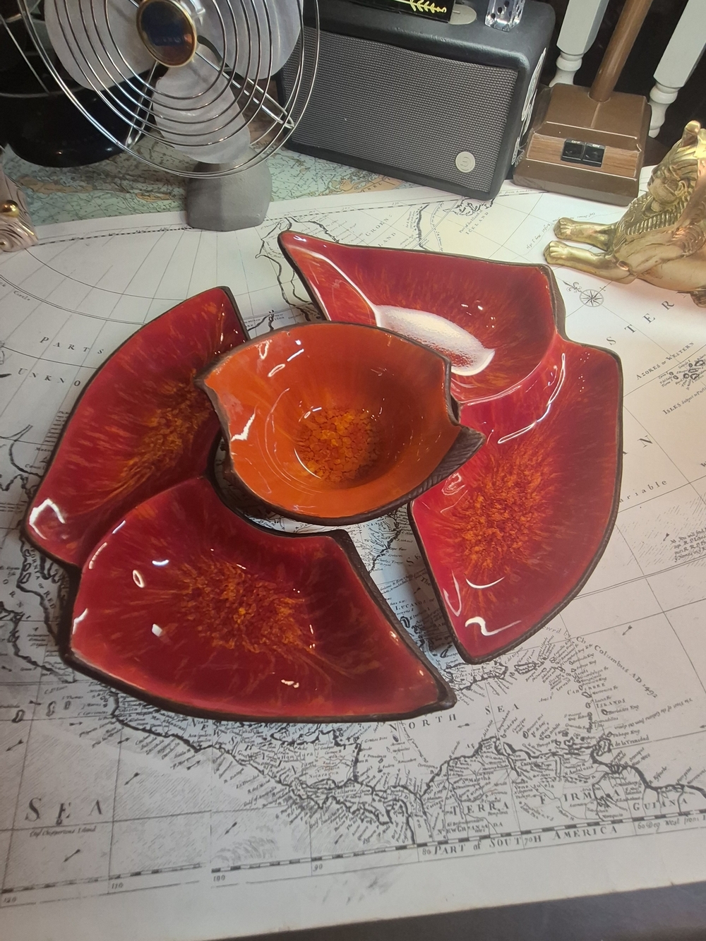 Vintage Cal-Orid USA 385 Red Orange Ceramic Art Pottery Snack Set 5pc 1975